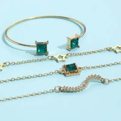 Geometric Square Green Zirconia Cuff Bracelet Set (4 pcs)